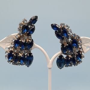 Vintage Sapphire Blue Ear Climber Clip Earrings, Silver Tone, 1 3/4 Inches